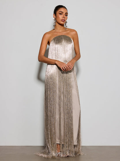 Rosstef Straplez Püsküllü Maxi Elbise - Glamourous Eveningwear