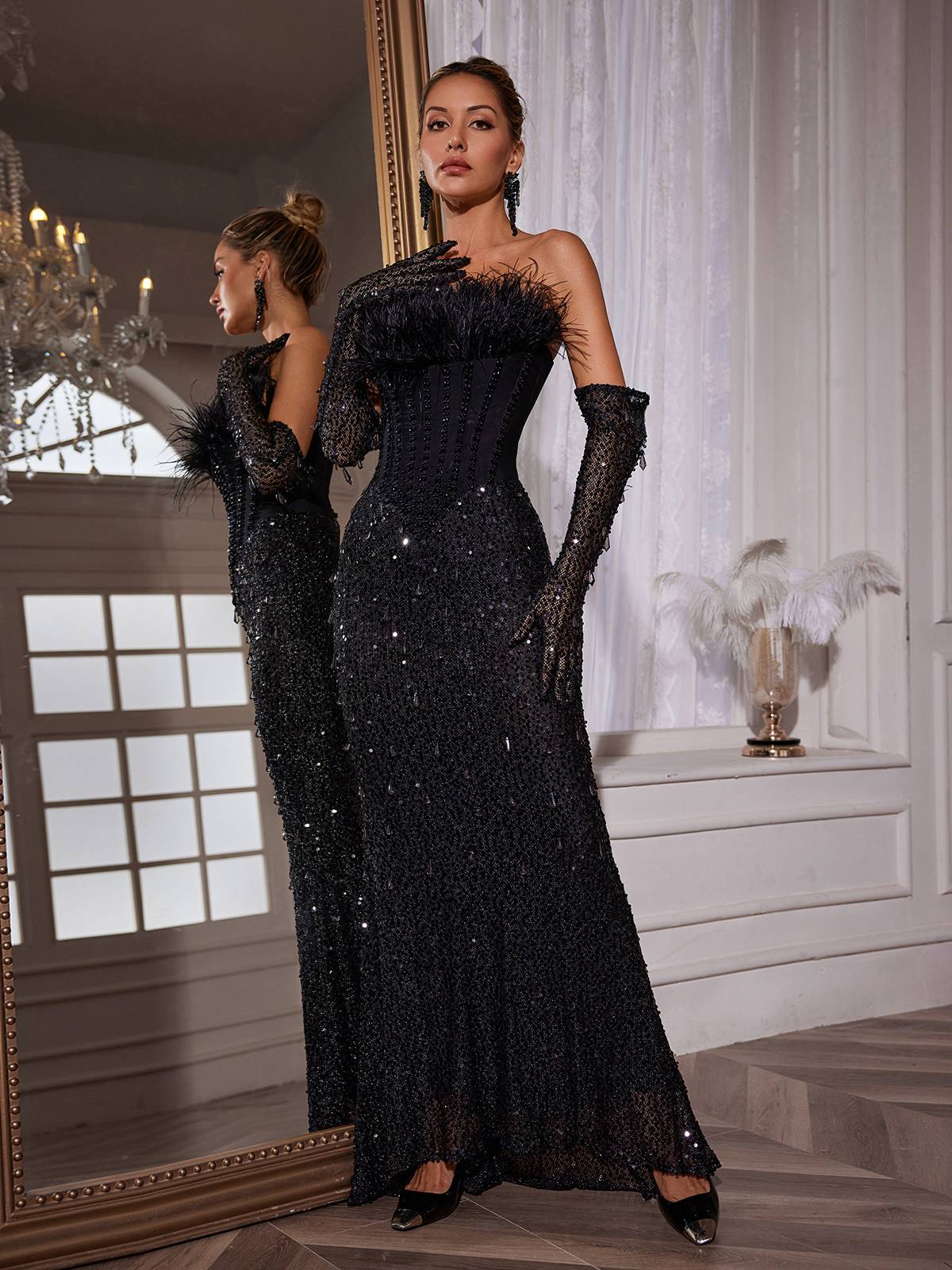 Rosstef Feathered Payetli Maxi Elbise