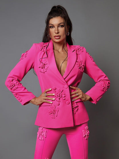 Rosstef Indiana Çiçek Desenli Süslemeli Blazer Ceket Takım Sıcak Pembe