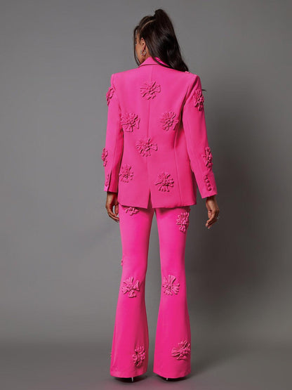 Rosstef Indiana Çiçek Desenli Süslemeli Blazer Ceket Takım Sıcak Pembe