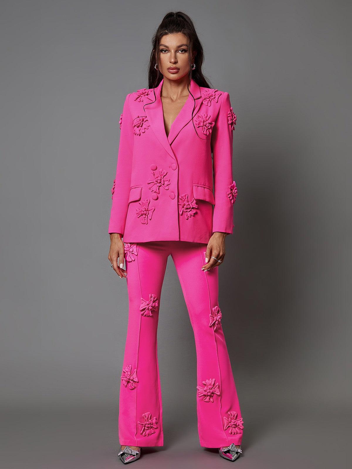 Rosstef Indiana Çiçek Desenli Süslemeli Blazer Ceket Takım Sıcak Pembe