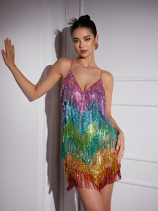 Rosstef Indy V Yaka Rainbow Kristal Püsküllü Mini Elbise