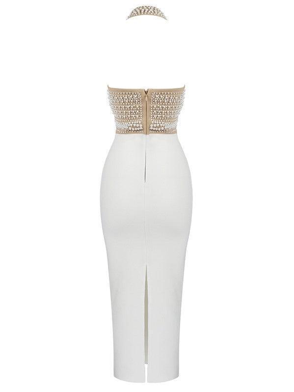 Rosstef Isabella Boyundan Bağlamalı Pearls Bandaj Elbise Beige - Büyüleyici bandajlı etek!