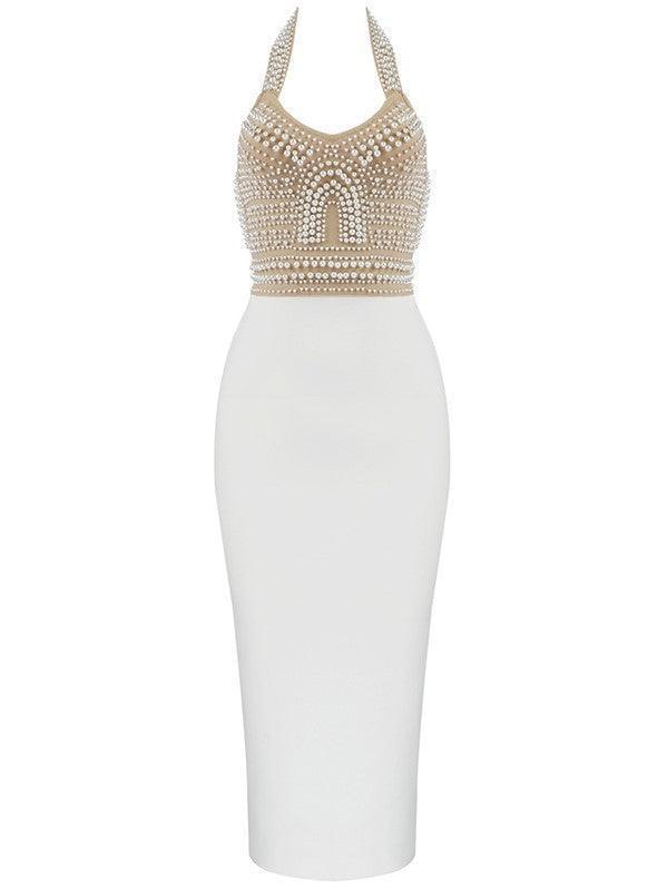 Rosstef Isabella Boyundan Bağlamalı Pearls Bandaj Elbise Beige - Büyüleyici bandajlı etek!