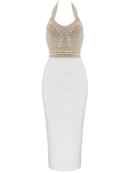 Rosstef Isabella Boyundan Bağlamalı Pearls Bandaj Elbise Beige - Büyüleyici bandajlı etek!