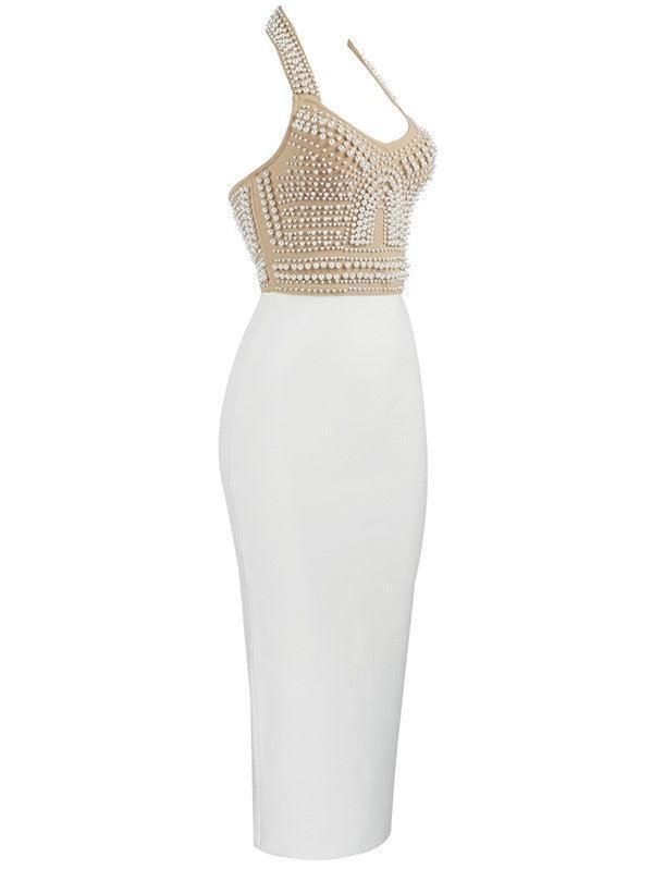 Rosstef Isabella Boyundan Bağlamalı Pearls Bandaj Elbise Beige - Büyüleyici bandajlı etek!