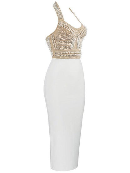Rosstef Isabella Boyundan Bağlamalı Pearls Bandaj Elbise Beige - Büyüleyici bandajlı etek!