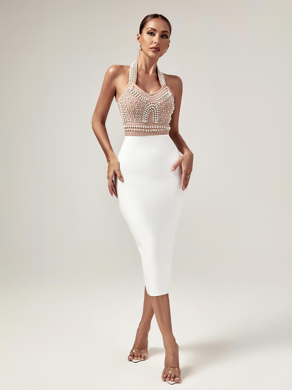Rosstef Isabella Boyundan Bağlamalı Pearls Bandaj Elbise Beige - Büyüleyici bandajlı etek!