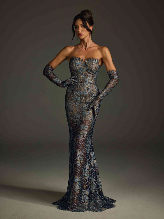 Rosstef Straplez Dantelli Çiçek Desenli Maxi Elbise: Navy