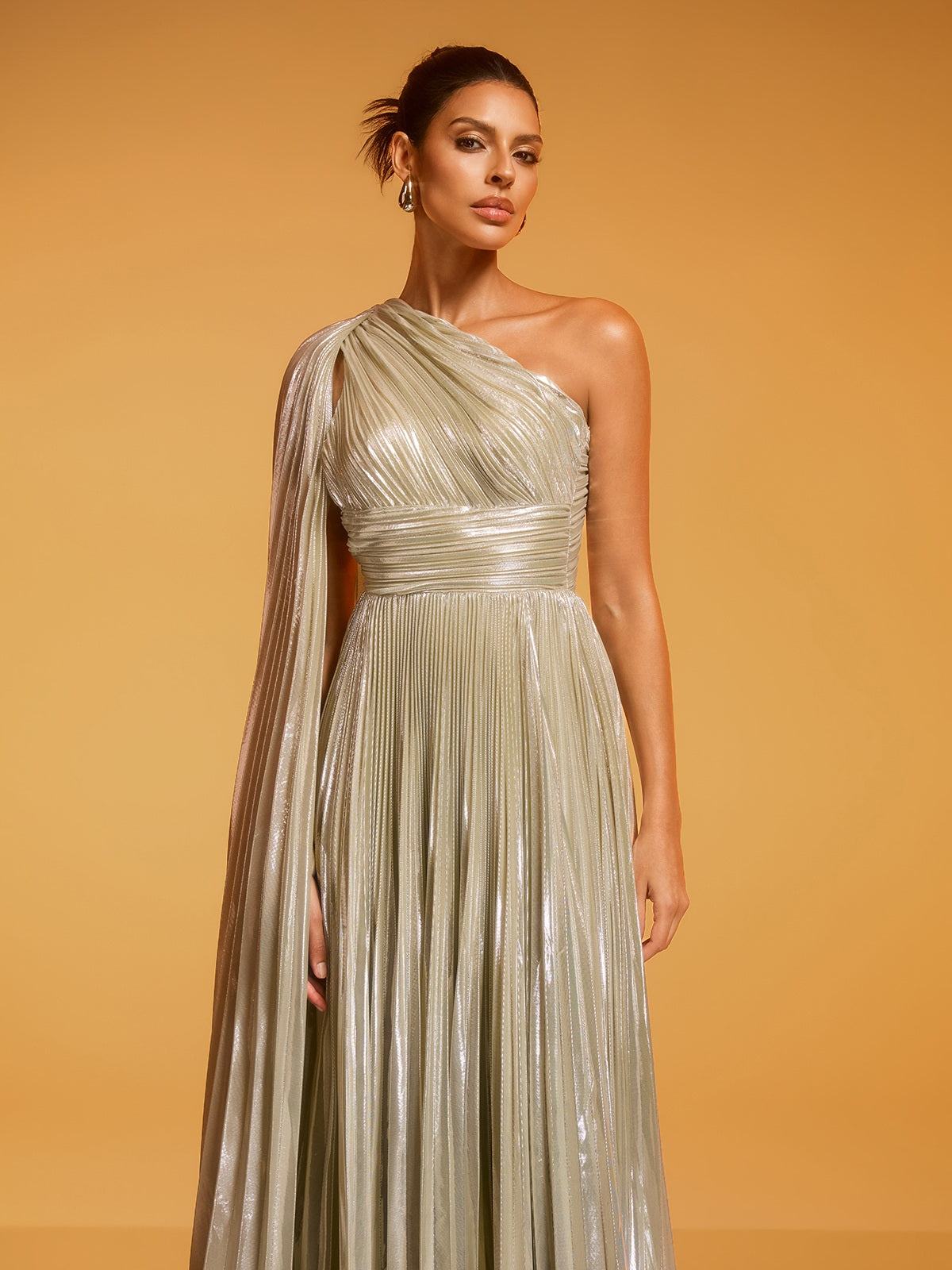 Rosstef Altın Renkli Bir Omuz Pleatlı Gündüz Gowns