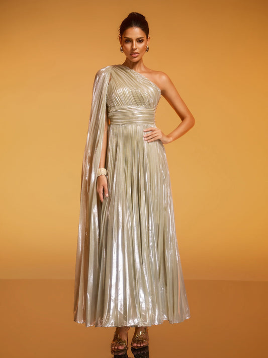 Rosstef Altın Renkli Bir Omuz Pleatlı Gündüz Gowns