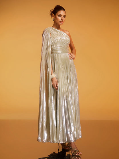 Rosstef Altın Renkli Bir Omuz Pleatlı Gündüz Gowns