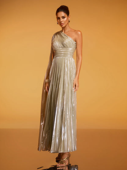 Rosstef Altın Renkli Bir Omuz Pleatlı Gündüz Gowns