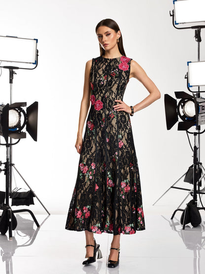 Rosstef Dantelli Çiçek Desenli Payetli Maxi Abiye