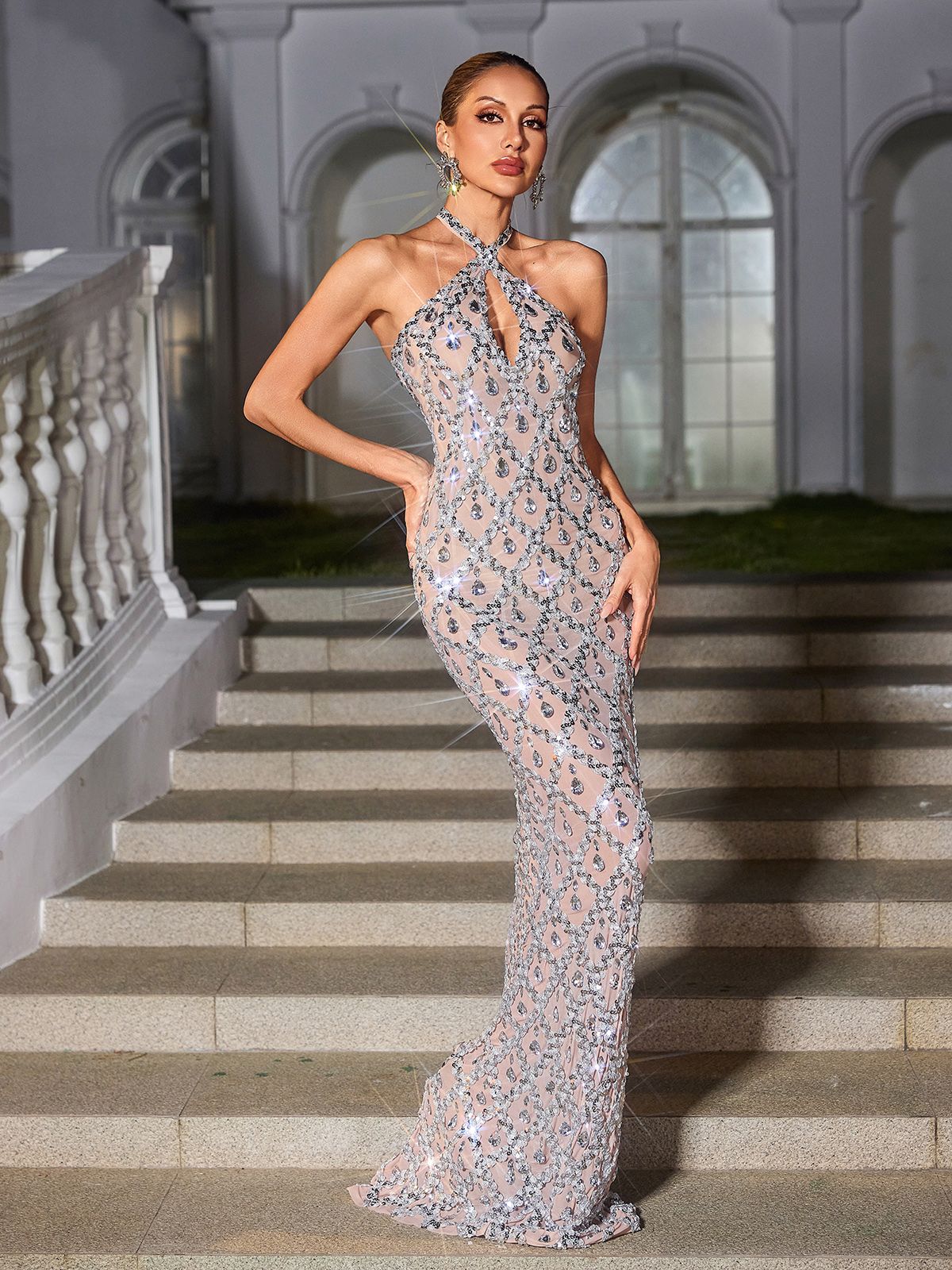Rosstef Payetli Kristal Maxi Elbise - Nude