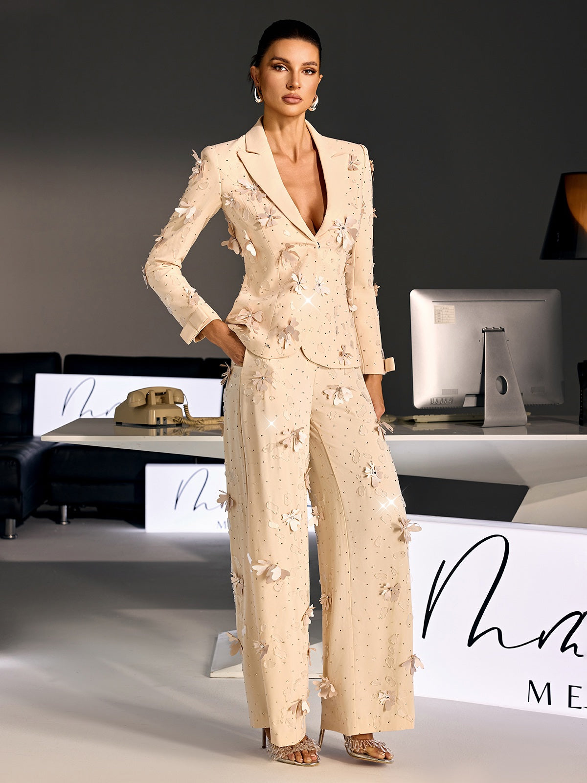 Rosstef Taşlı Çiçekli Blazer Ceket Takım