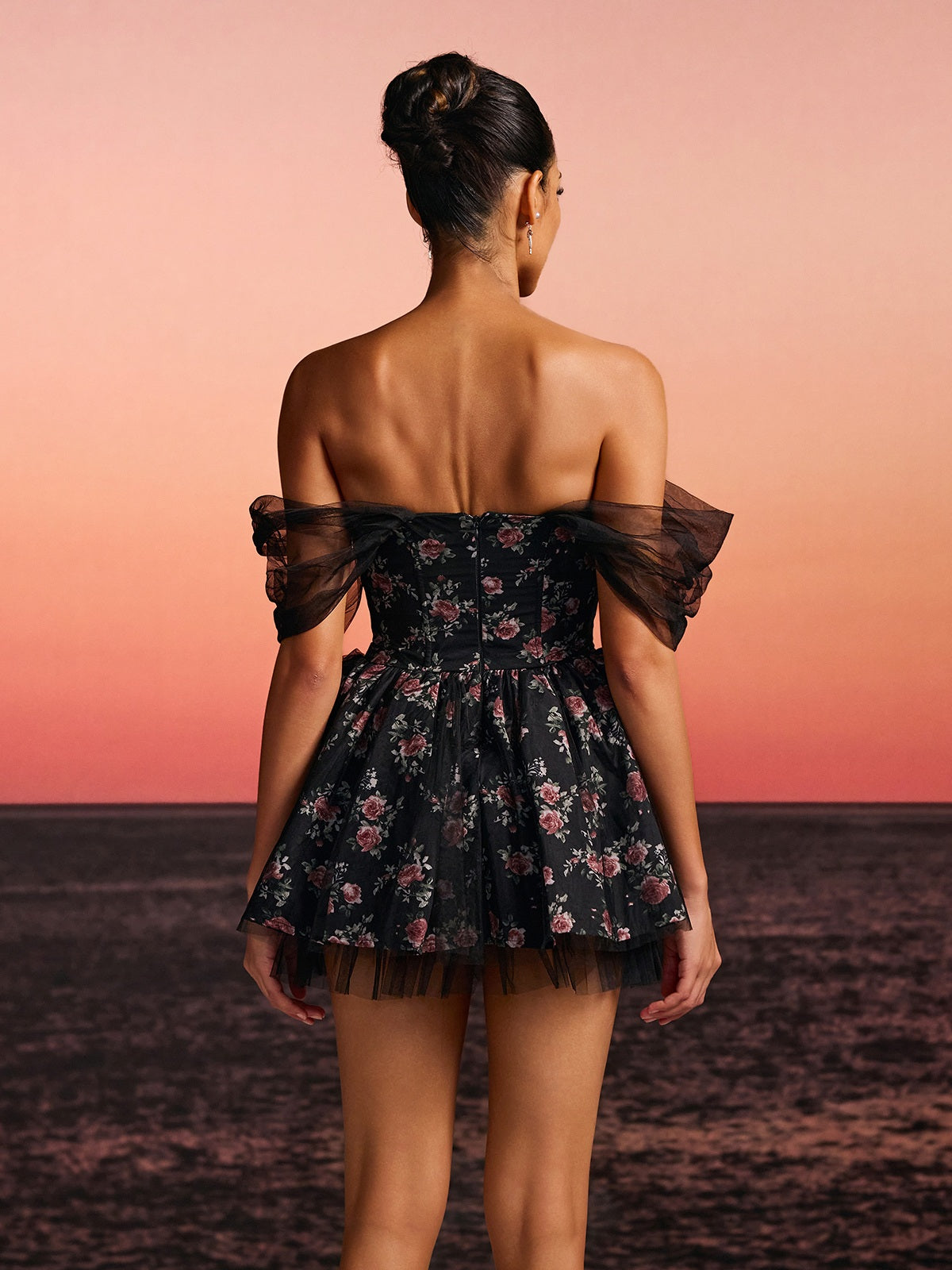 Rosstef Mini Tunikli Floralı Tüll Abiye