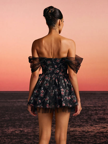 Rosstef Mini Tunikli Floralı Tüll Abiye
