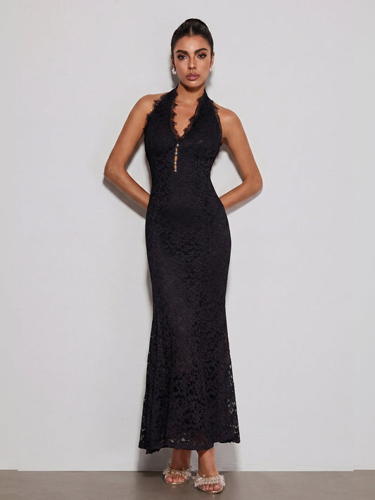 Rosstef Dantelli Maxi Elbise - Siyah
