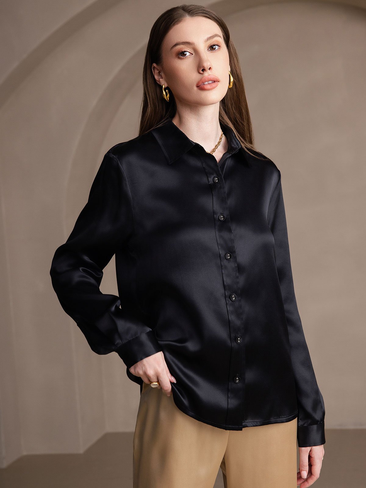Rosstef 19Momme İpek Devrik Yaka Yaka Uzun Kollu Women's Shirt