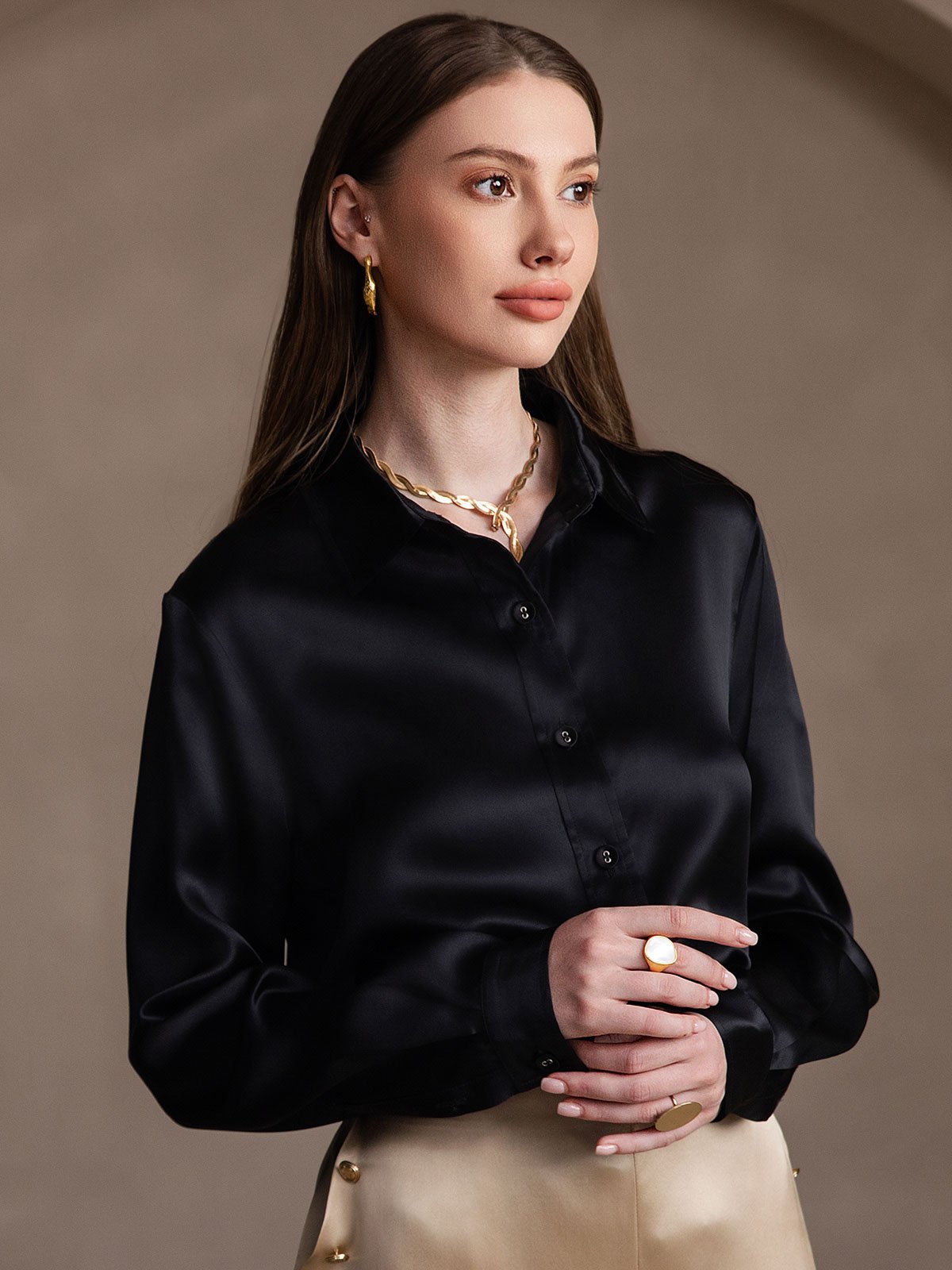 Rosstef 19Momme İpek Devrik Yaka Yaka Uzun Kollu Women's Shirt