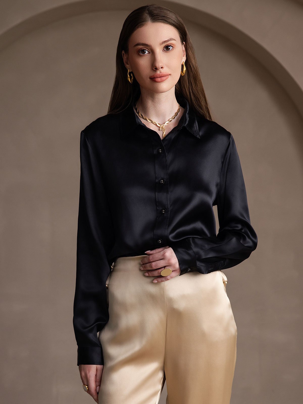 Rosstef 19Momme İpek Devrik Yaka Yaka Uzun Kollu Women's Shirt