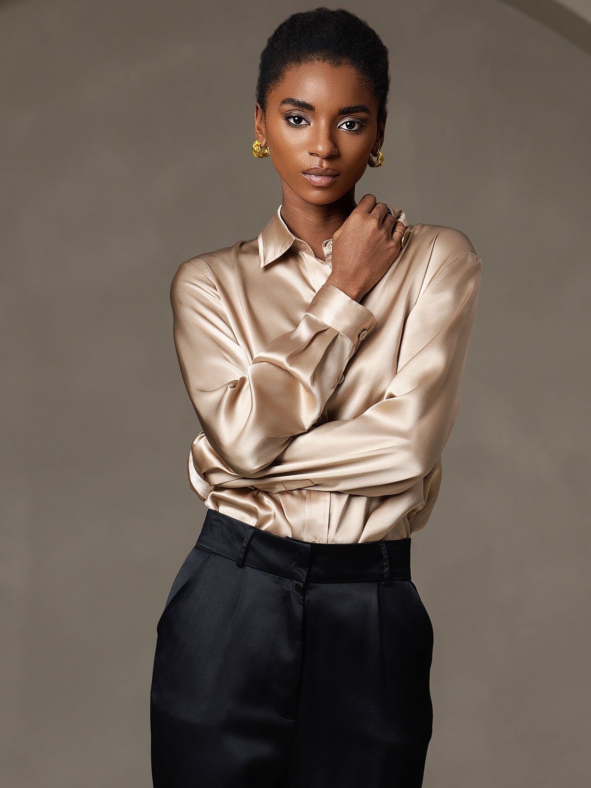 Rosstef 19Momme İpek Uzun Kollu Devrik Yaka Yaka Women's Shirt
