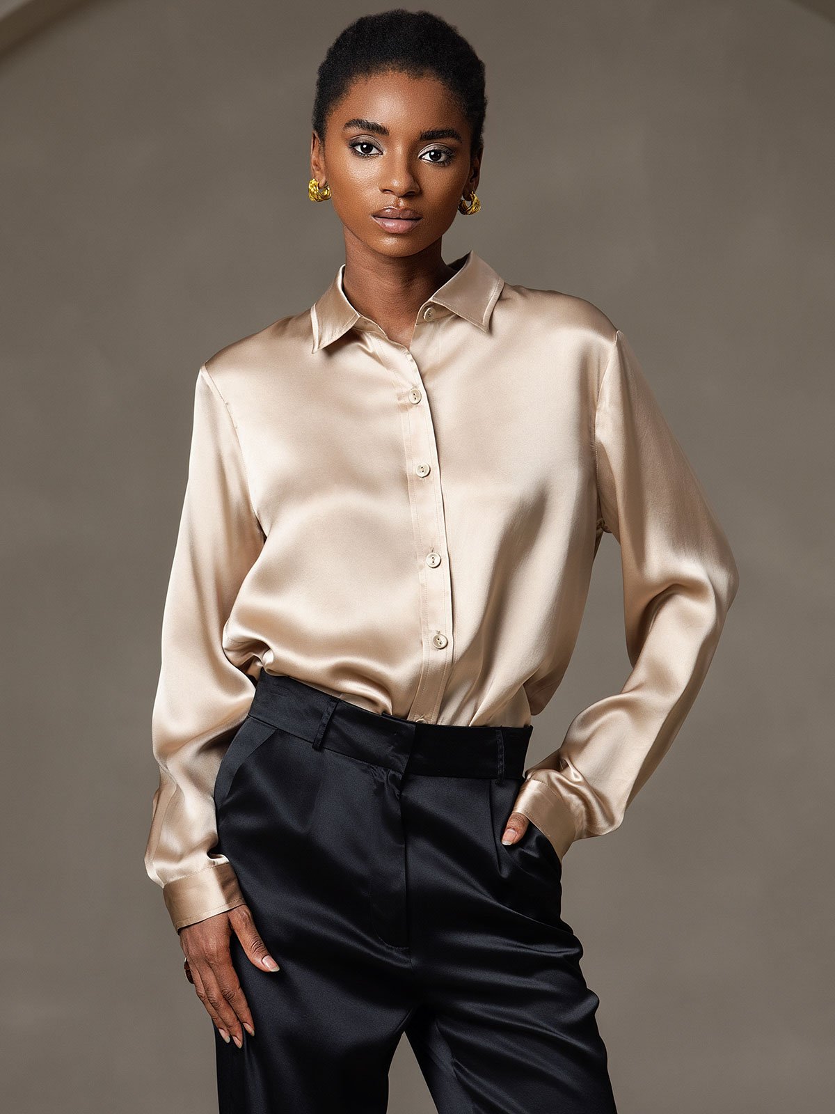 Rosstef 19Momme İpek Uzun Kollu Devrik Yaka Yaka Women's Shirt