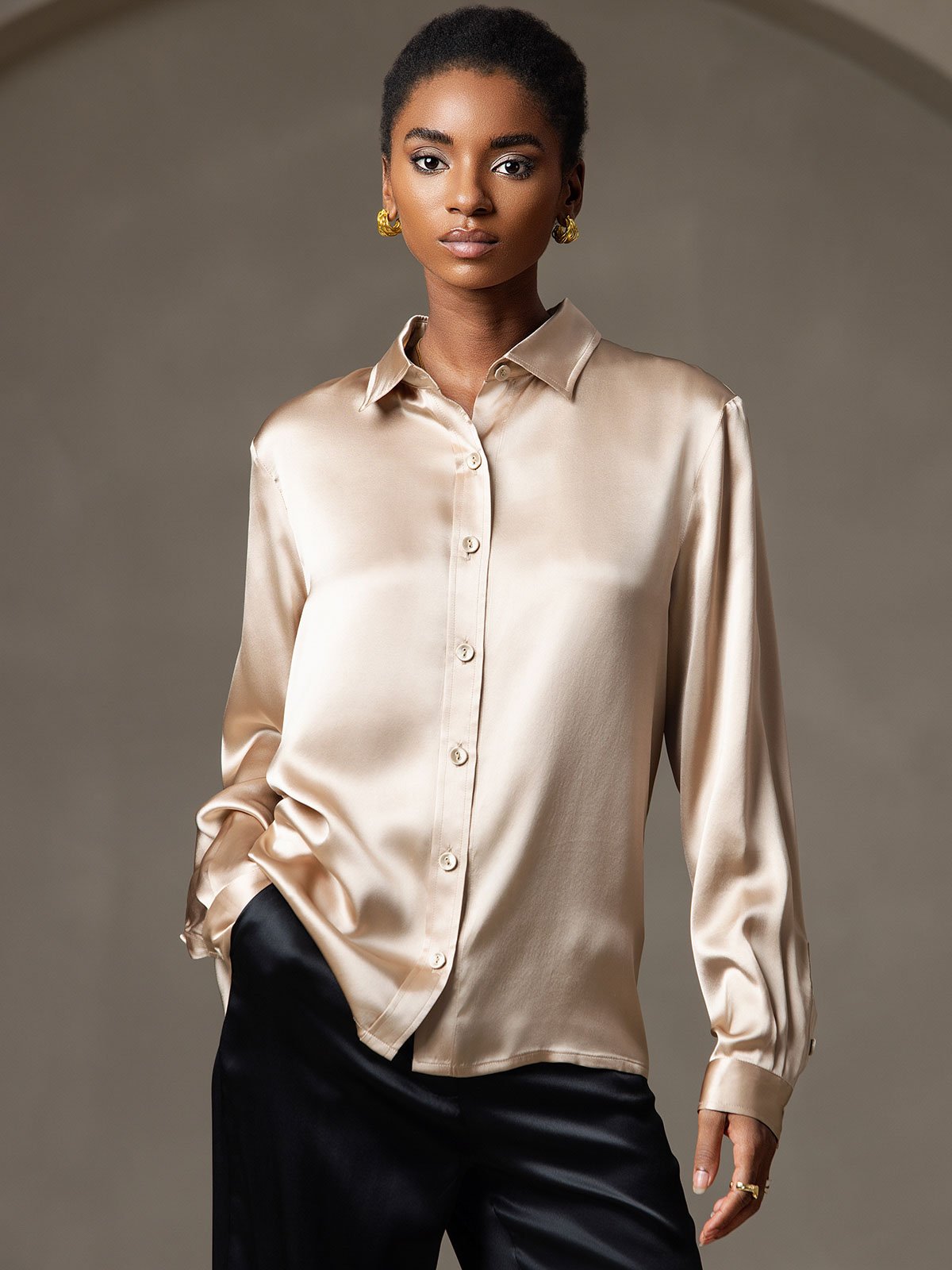 Rosstef 19Momme İpek Uzun Kollu Devrik Yaka Yaka Women's Shirt