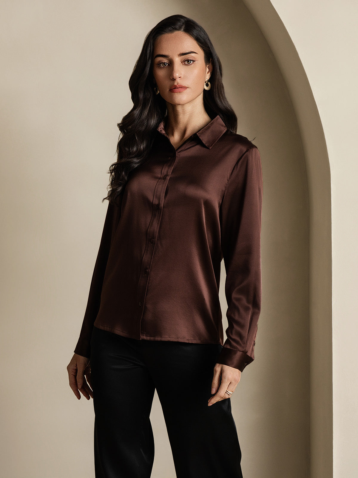 Rosstef 19Momme İpek Uzun Kollu Devrik Yaka Yaka Women's Shirt