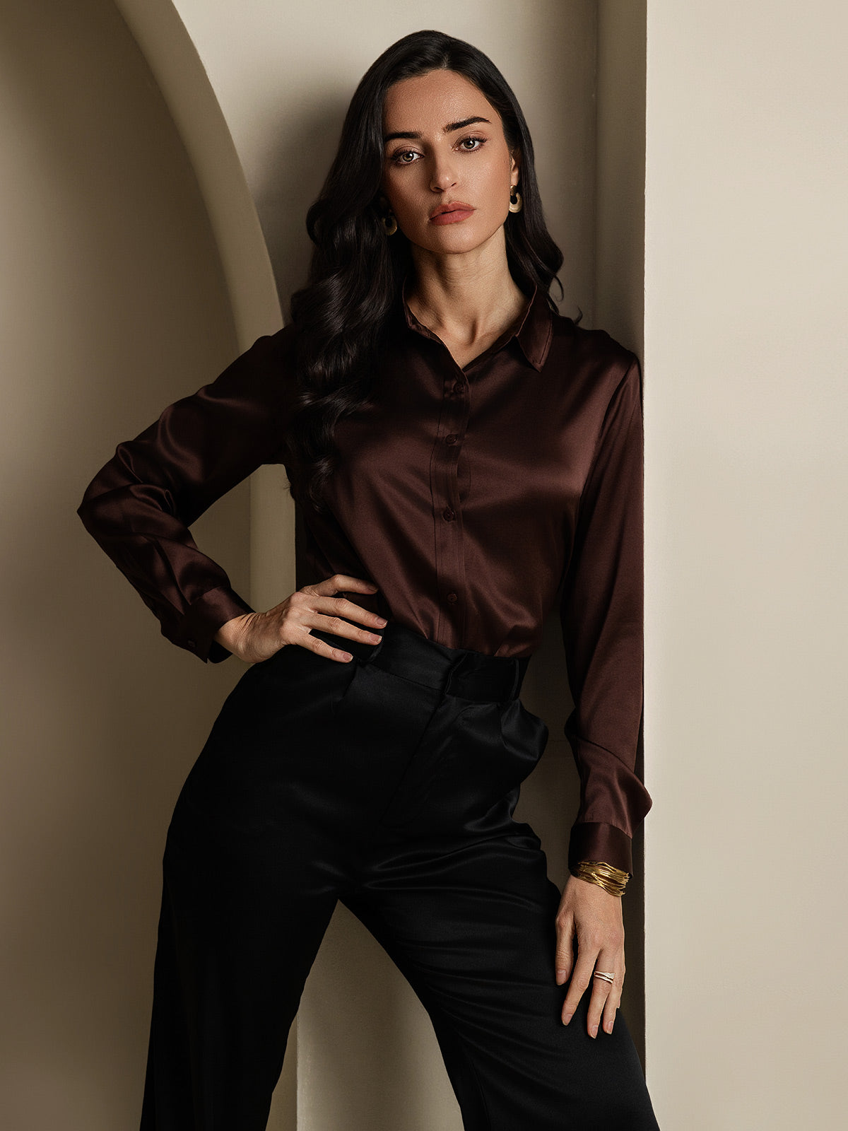 Rosstef 19Momme İpek Uzun Kollu Devrik Yaka Yaka Women's Shirt