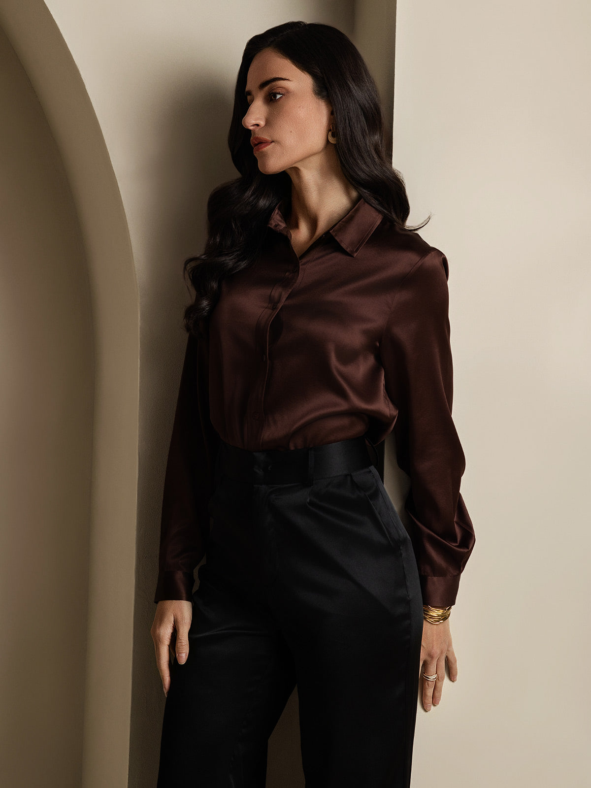 Rosstef 19Momme İpek Uzun Kollu Devrik Yaka Yaka Women's Shirt