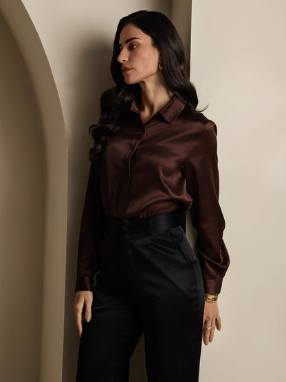 Rosstef 19Momme İpek Uzun Kollu Devrik Yaka Yaka Women's Shirt