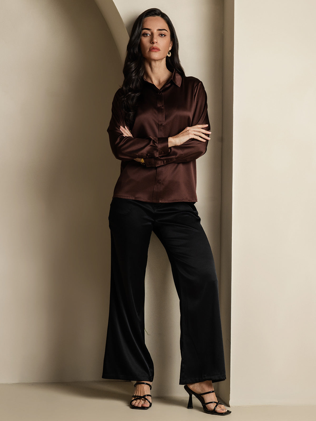 Rosstef 19Momme İpek Uzun Kollu Devrik Yaka Yaka Women's Shirt