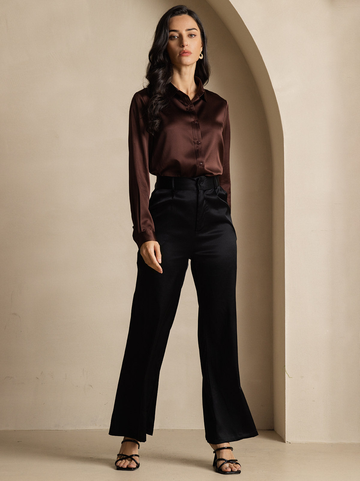 Rosstef 19Momme İpek Uzun Kollu Devrik Yaka Yaka Women's Shirt