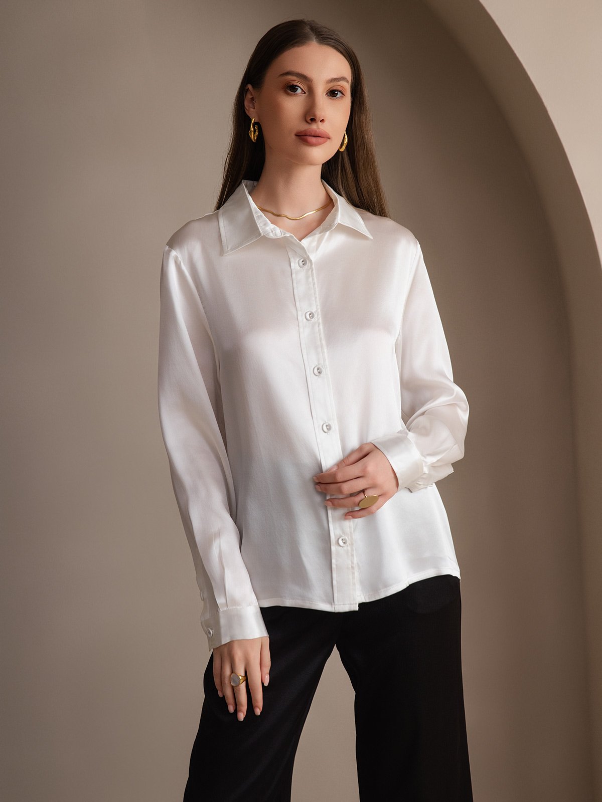 Rosstef 19Momme İpek Uzun Kollu Devrik Yaka Yaka Women's Shirt