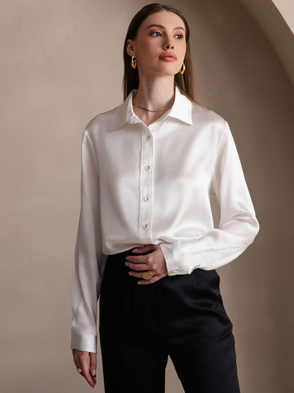 Rosstef 19Momme İpek Uzun Kollu Devrik Yaka Yaka Women's Shirt