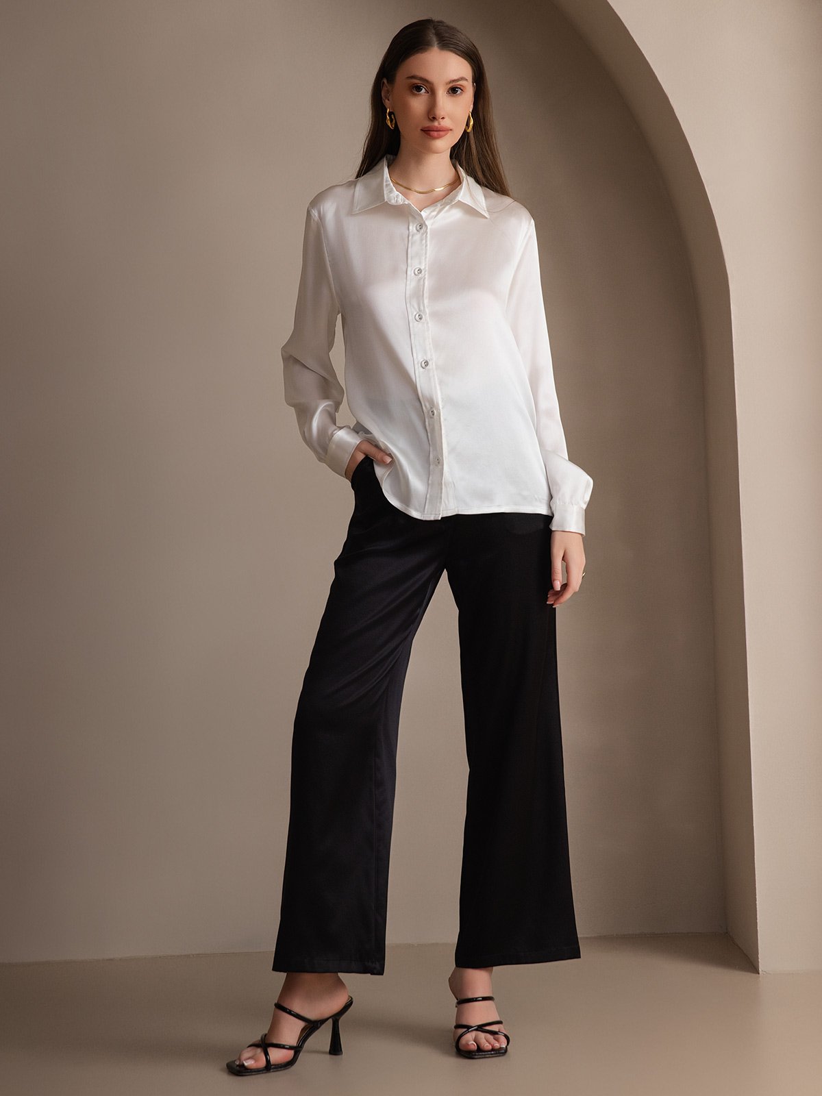 Rosstef 19Momme İpek Uzun Kollu Devrik Yaka Yaka Women's Shirt