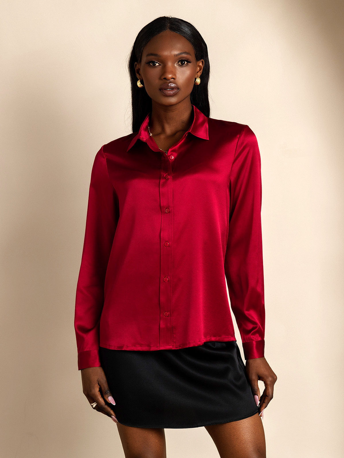 Rosstef 19Momme İpek Uzun Kollu Devrik Yaka Yaka Women's Shirt