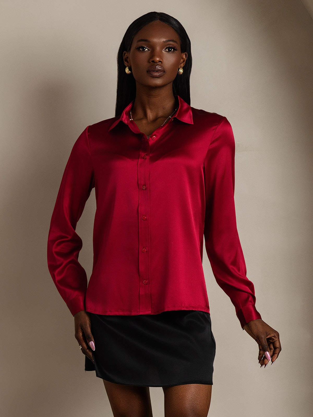 Rosstef 19Momme İpek Uzun Kollu Devrik Yaka Yaka Women's Shirt