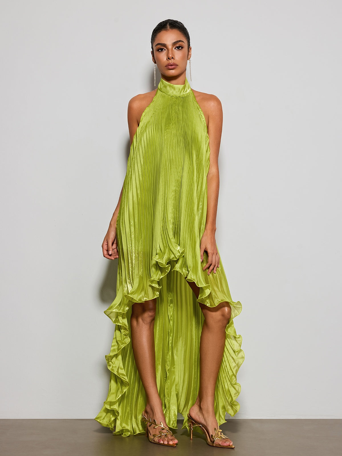 Rosstef Metalik Chartreuse Pleatlı Gecedeki Şık