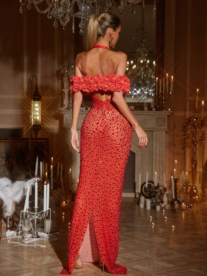 Rosstef Çiçekli Taşlı Maxi Elbise