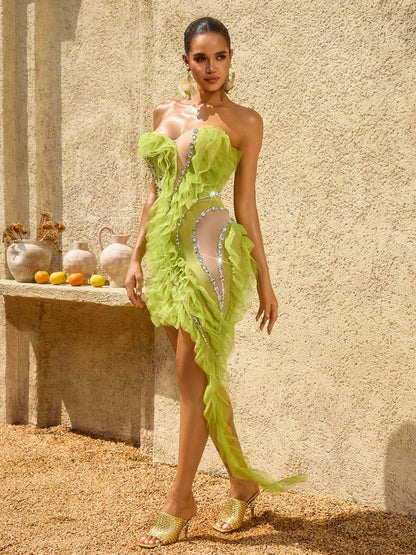 Rosstef Chartreuse Şeffaf Mini Elbise