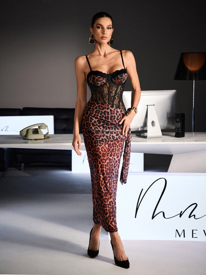 Rosstef Leopar Desenli Baskı Dantelli Maxi Elbise