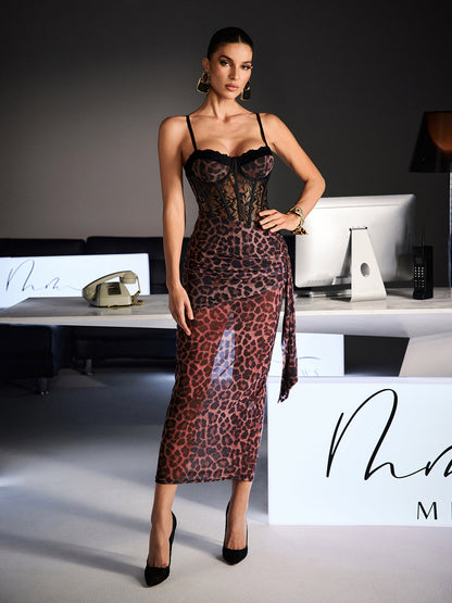 Rosstef Leopar Desenli Baskı Dantelli Maxi Elbise