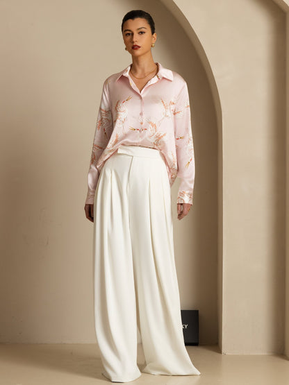 Rosstef 100% Dut İpek Uzun Kollu Devrik Yaka Yaka Women's Crane Baskı Button Bluz