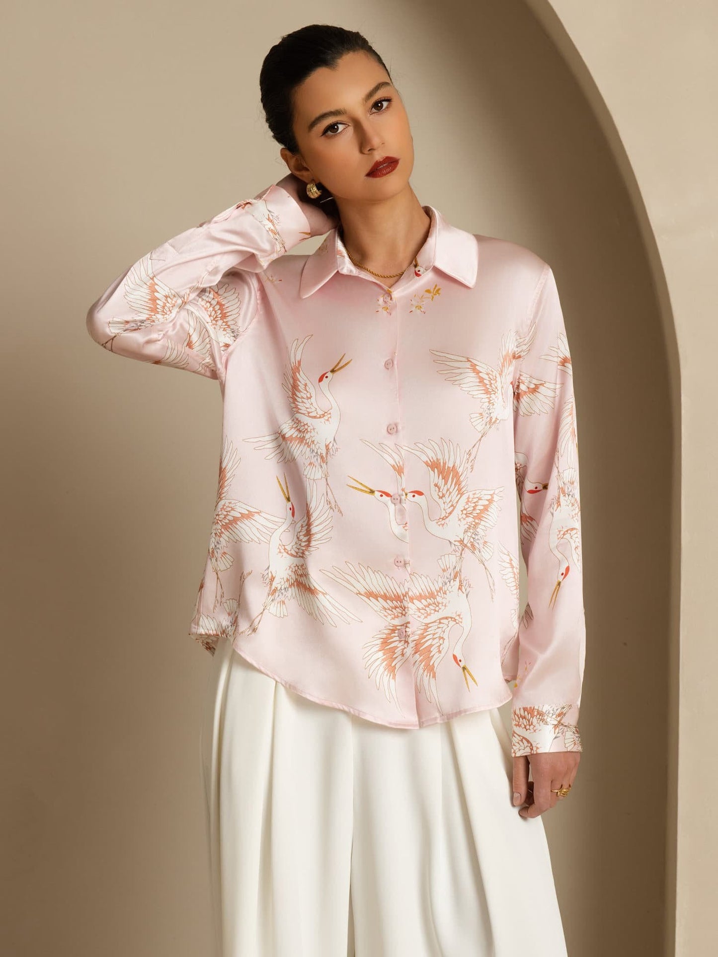 Rosstef 100% Dut İpek Uzun Kollu Devrik Yaka Yaka Women's Crane Baskı Button Bluz