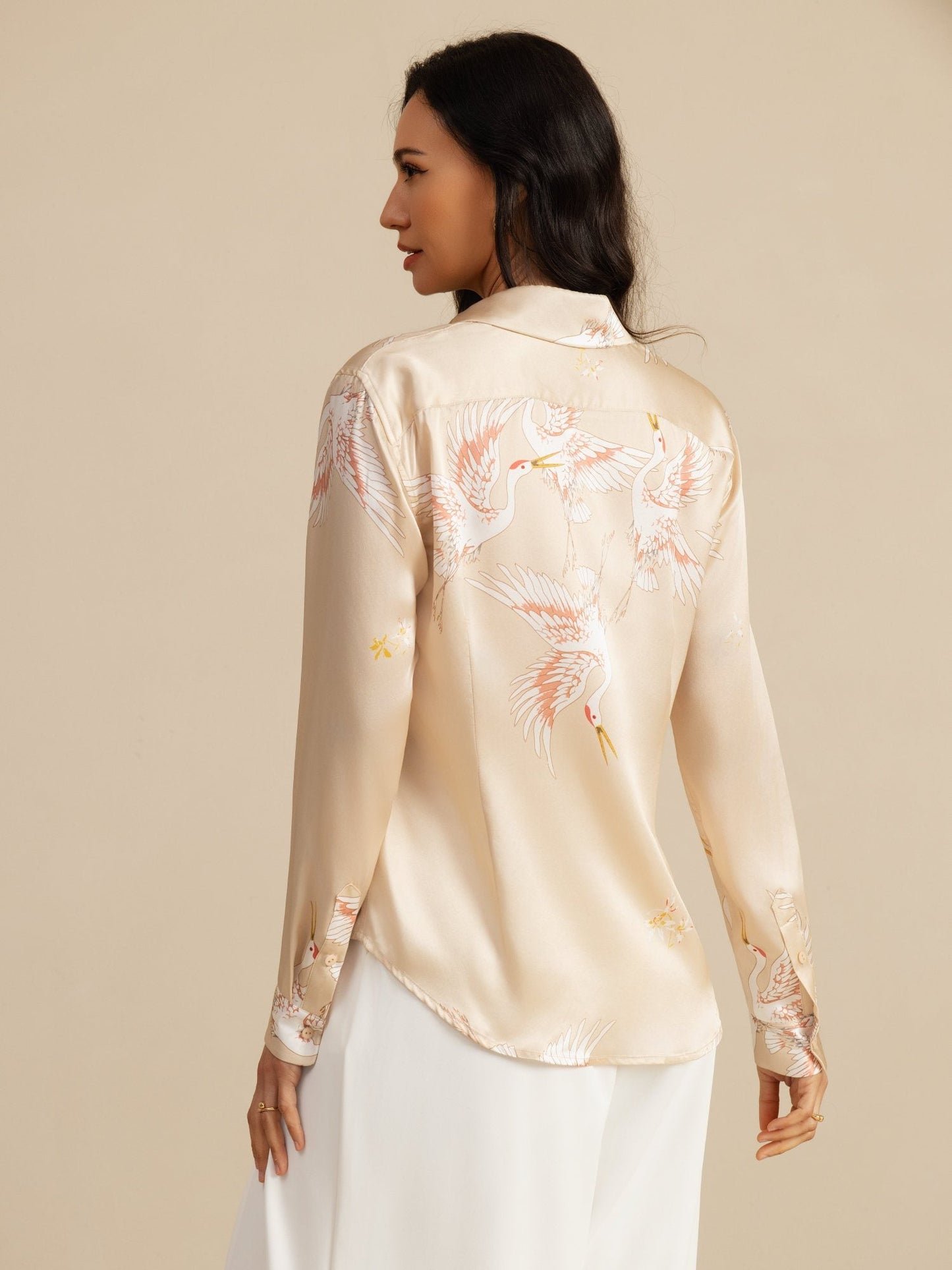 Rosstef 100% Dut İpek Uzun Kollu Devrik Yaka Yaka Women's Crane Baskı Button Bluz