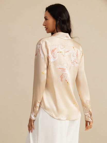 Rosstef 100% Dut İpek Uzun Kollu Devrik Yaka Yaka Women's Crane Baskı Button Bluz