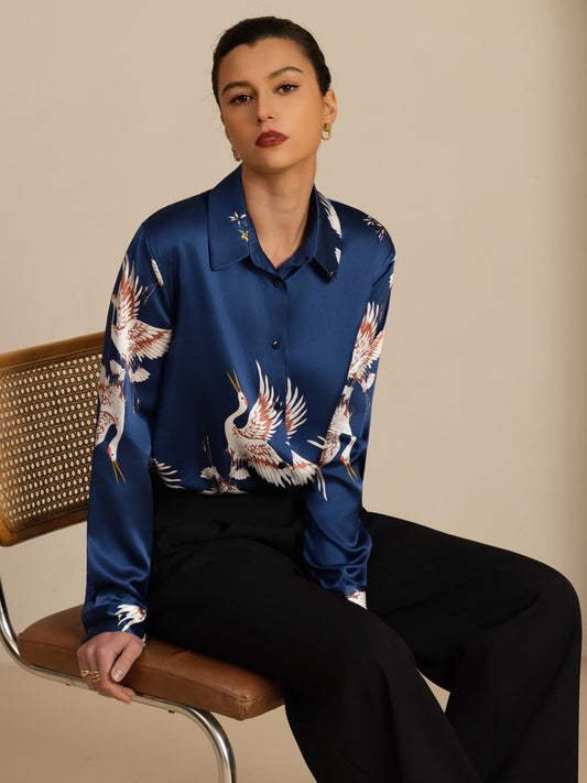 Rosstef 100% Dut İpek Uzun Kollu Devrik Yaka Yaka Women's Crane Baskı Button Bluz